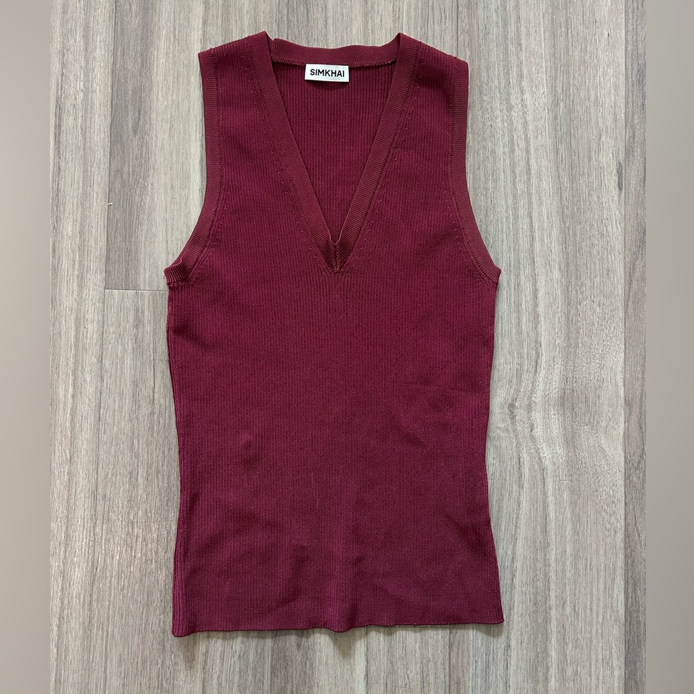 SIMKHAI Ribbed Knit Cranberry V-Neck Top